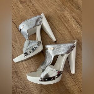 Versace Silver Leather Platform Heels | White Block Heel Sandals | Size 39.5